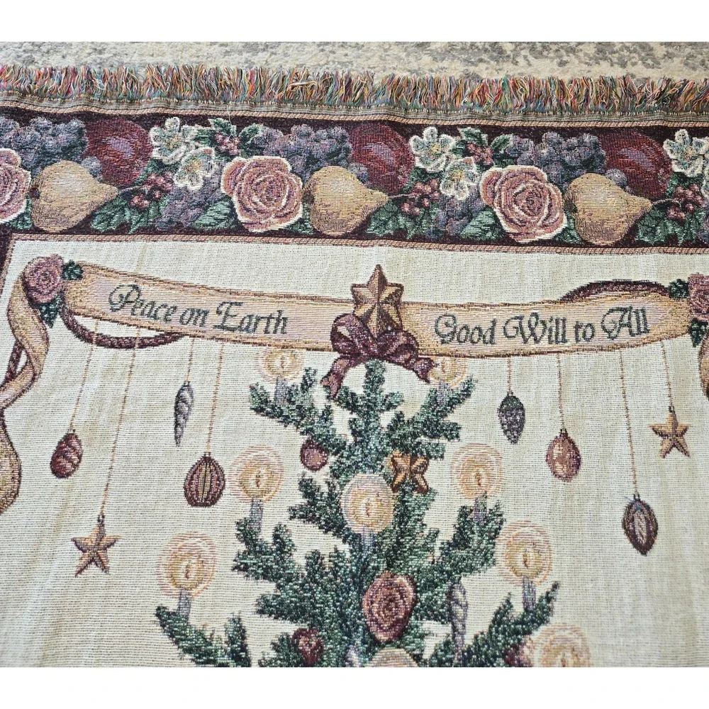 Vicky Howard Christmas Tree Tapestry Throw Blanket Peace on Earth Woven Fringe